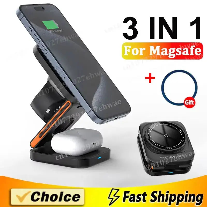 3 in 1 Foldable Charging Station Fast Magnetic Wireless Charger Stand for iPhone 17 16 15 14 13 12 Apple Watch 8 7 6 Airpods Pro Klick & Snap
