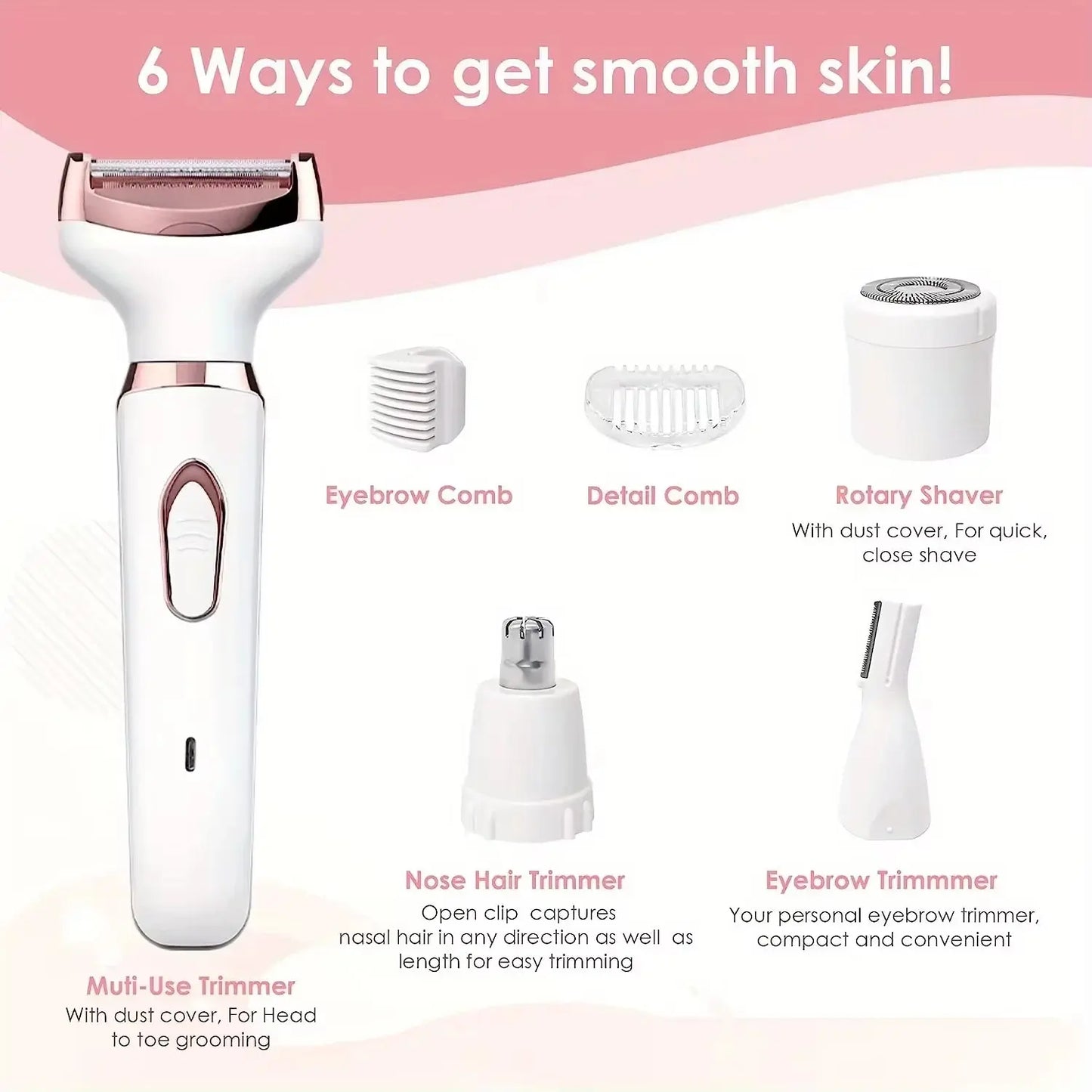 HOMEFISH 4 In 1 Electric Lady Shaver Body Hair Removal Epilator Painless Cordless Trimmer Razor, Gifts For Women Klick & Snap