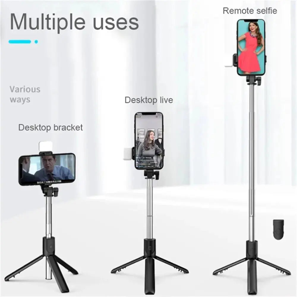 Portable Bluetooth Selfie Stick Tripod Holder with Remote Shutter Fill Light Extendable Wireless Remote Retractable Phone Stand Klick & Snap