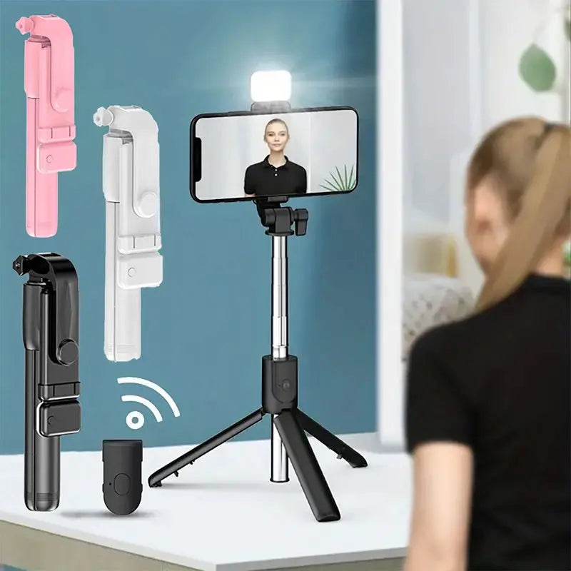 Portable Bluetooth Selfie Stick Tripod Holder with Remote Shutter Fill Light Extendable Wireless Remote Retractable Phone Stand Klick & Snap