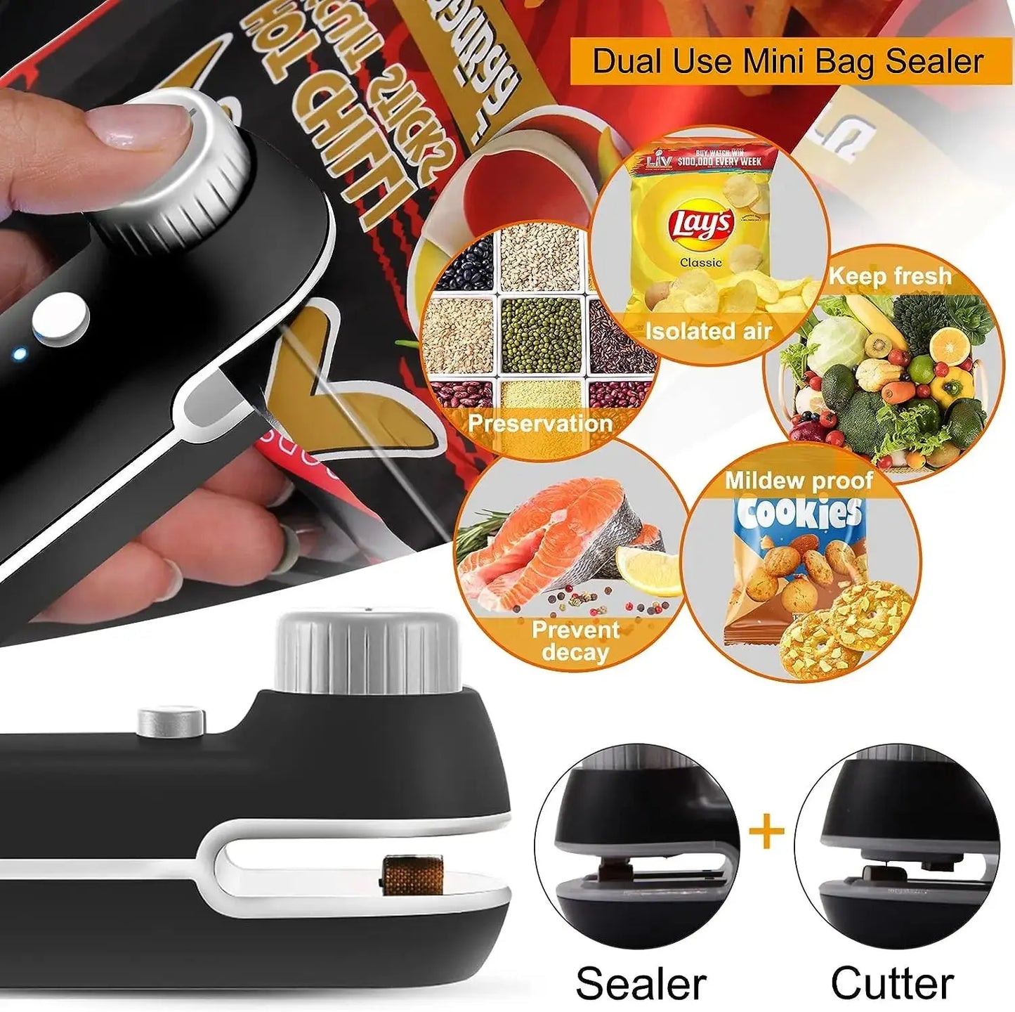 Rechargable 2 In 1 Bag Mini Heat Sealer, Storage Bag Plastic Package Snack Sealer Clip Bag Handheld Heat Sealer, Plastic Bag USB Klick & Snap