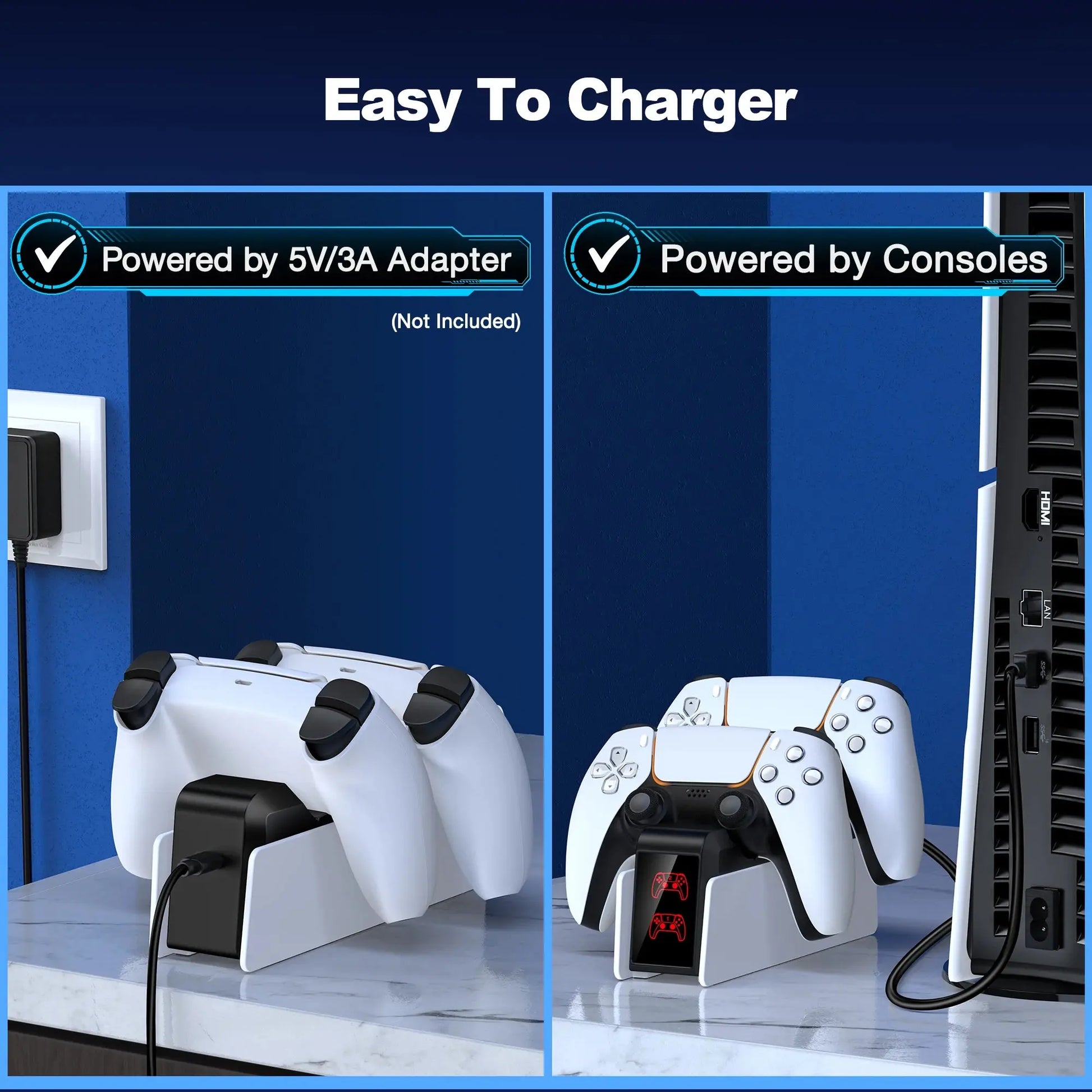 For PS5 Controller Charger DualSense Charging Station Dual Charging Dock Charger Stand for PlayStation5 Wireless Game Controller Klick & Snap