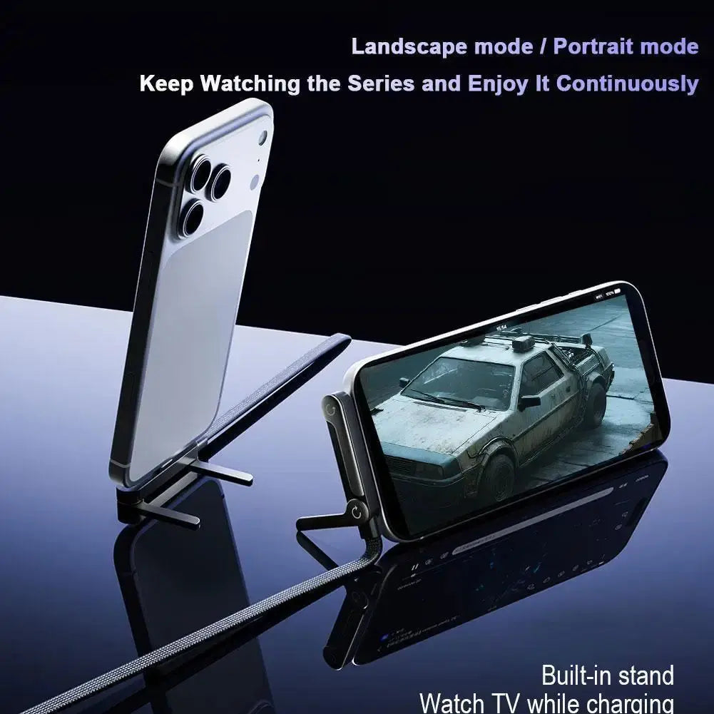 Sideways Phone Charger,Invisible Stand Charging Cable,Built In Phone Stand Charging Cord with Folding Phone Stand 2-in-1 Holder Klick & Snap