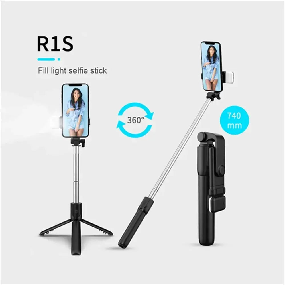 Portable Bluetooth Selfie Stick Tripod Holder with Remote Shutter Fill Light Extendable Wireless Remote Retractable Phone Stand Klick & Snap