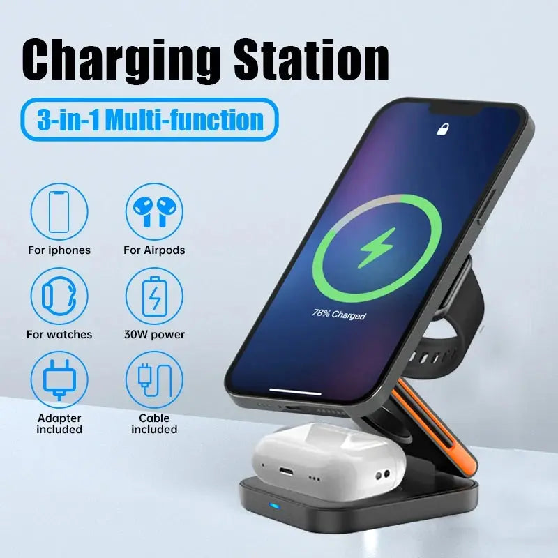 3 in 1 Foldable Charging Station Fast Magnetic Wireless Charger Stand for iPhone 17 16 15 14 13 12 Apple Watch 8 7 6 Airpods Pro Klick & Snap