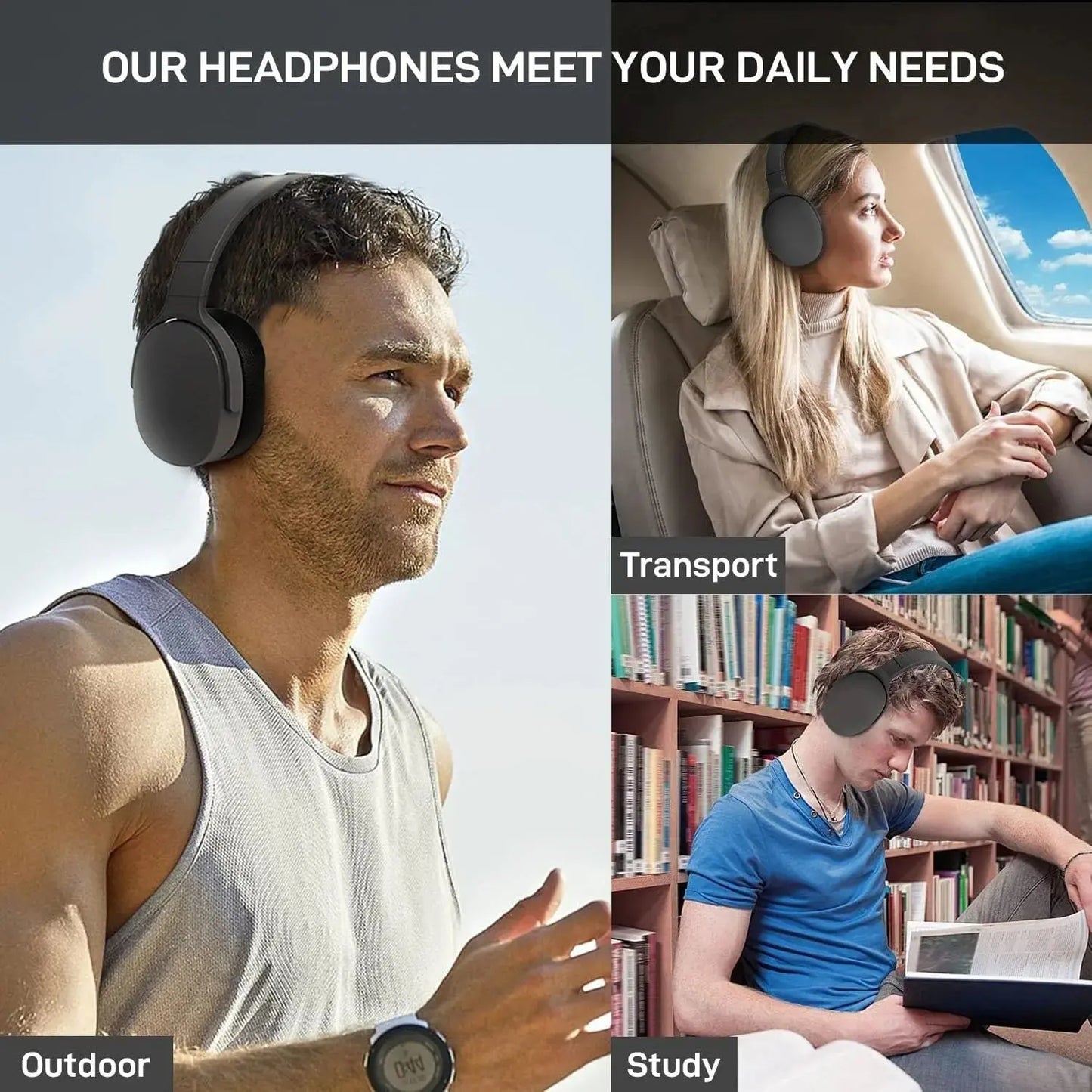 9D Surround Sound Wireless Bluetooth Headphones Over Ear Headsets True Sports Earphones Support TF/AUX Music Player with HD Mic Klick & Snap