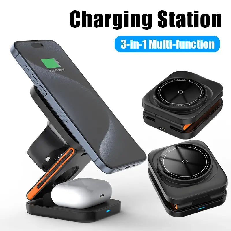 3 in 1 Foldable Charging Station Fast Magnetic Wireless Charger Stand for iPhone 17 16 15 14 13 12 Apple Watch 8 7 6 Airpods Pro Klick & Snap