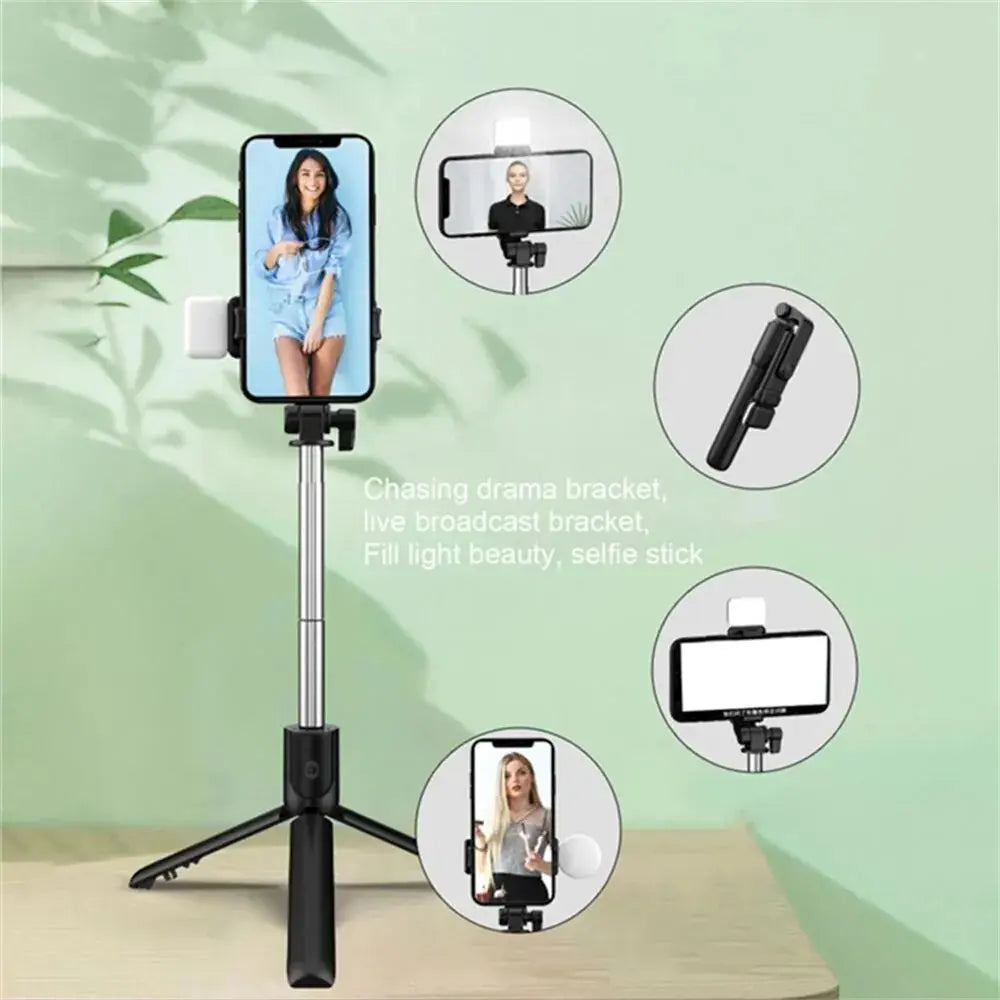 Portable Bluetooth Selfie Stick Tripod Holder with Remote Shutter Fill Light Extendable Wireless Remote Retractable Phone Stand Klick & Snap