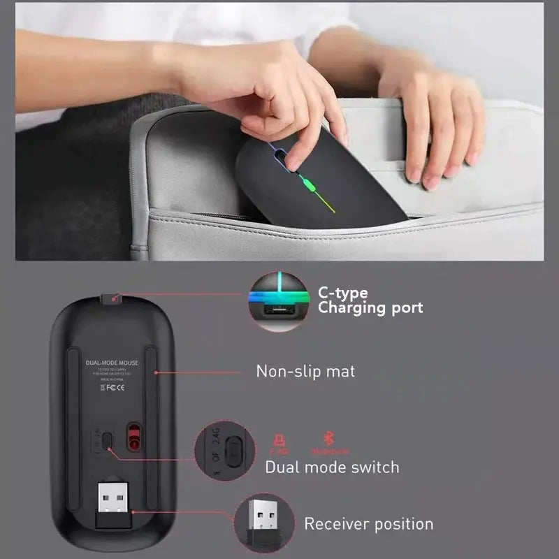 Wireless Mouse 2.4GHz Bluetooth Rechargeable Mouse Quiet Ergonomic Gaming Mouse With USB Backlight 1600DPI Mouse For PC Laptops Klick & Snap