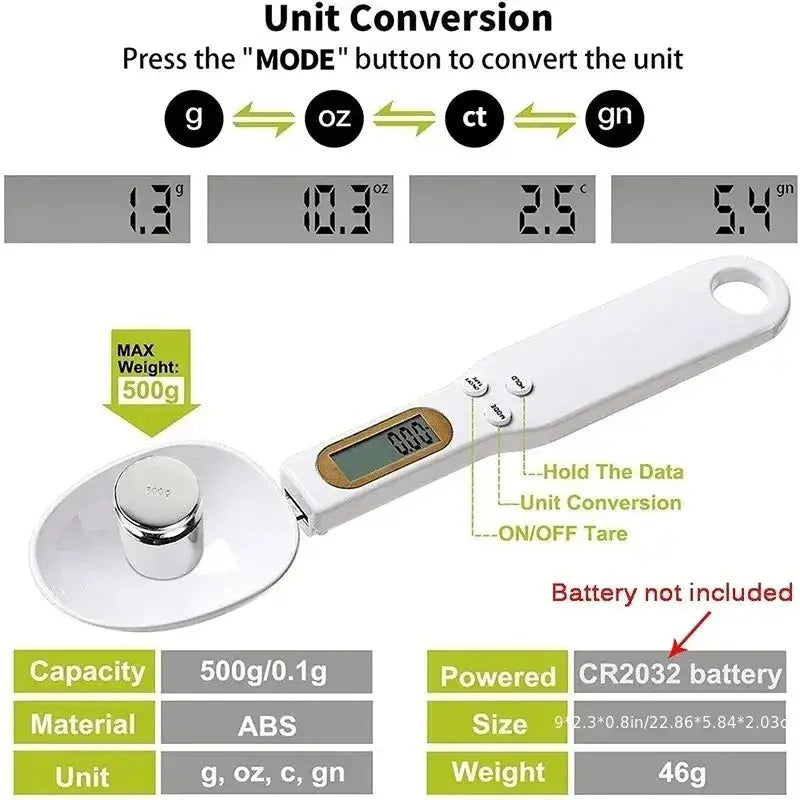 500g/0.1g Weight Measuring Spoon Portable LCD Digital Kitchen Scale Electronic Food Measuring Spoon Scale Kitchen Tool for Food Klick & Snap